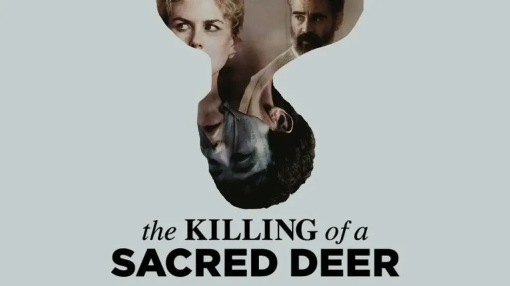 Minimalist psychological thriller poster for The Killing of a Sacred Deer (2017), showing an upside-down male face beneath two characters against a pale background.